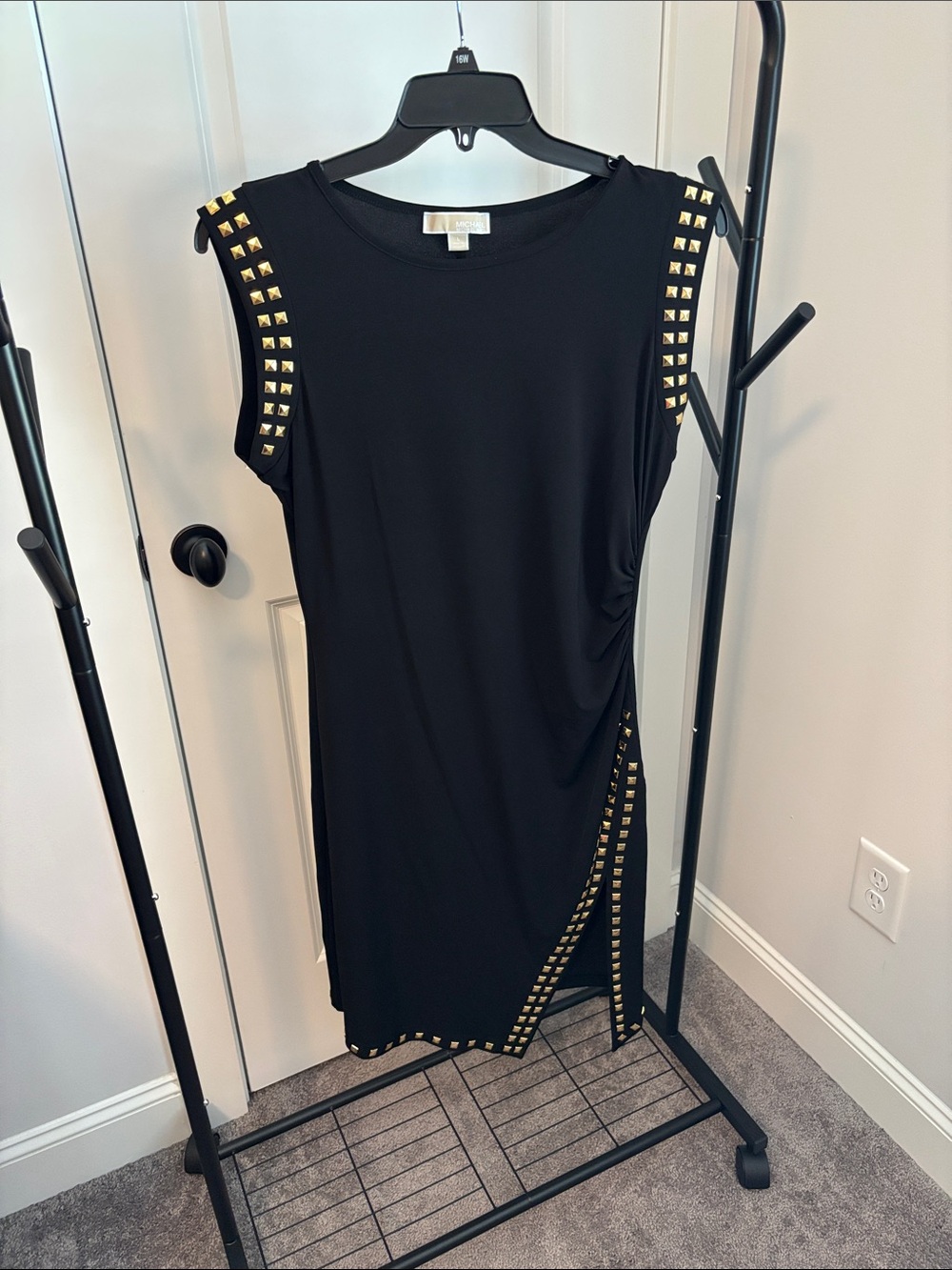Michael Kors Black Midi Dress with Gold Rockstud Trim